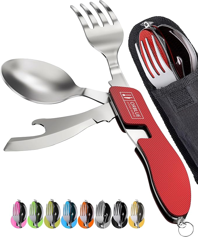 Orblue 4-in-1 Camping Eating Utensils, 2-Pack - Portable Spoon, Fork, Knife & Bottle Opener Combo