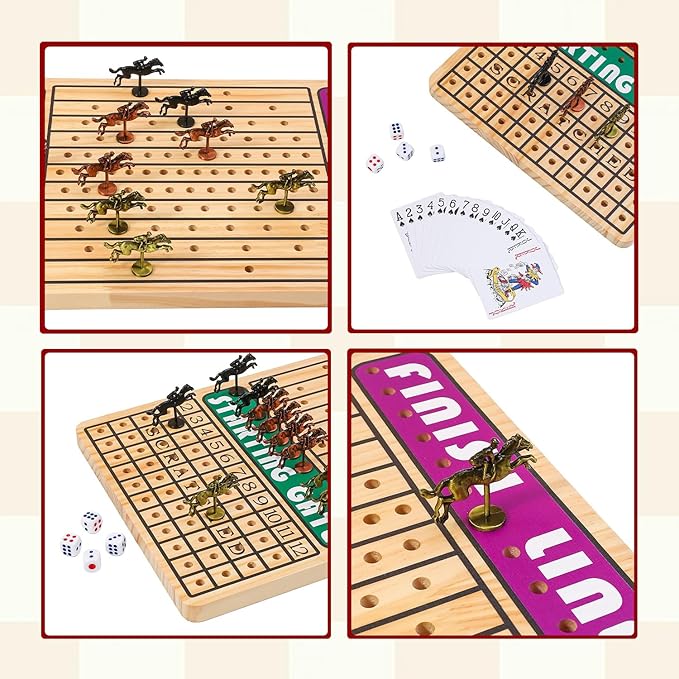 21 in Horse Race Board Game Racing Game Thickened Solid Wood with 11 Metal Horses, 2 Cards & 4