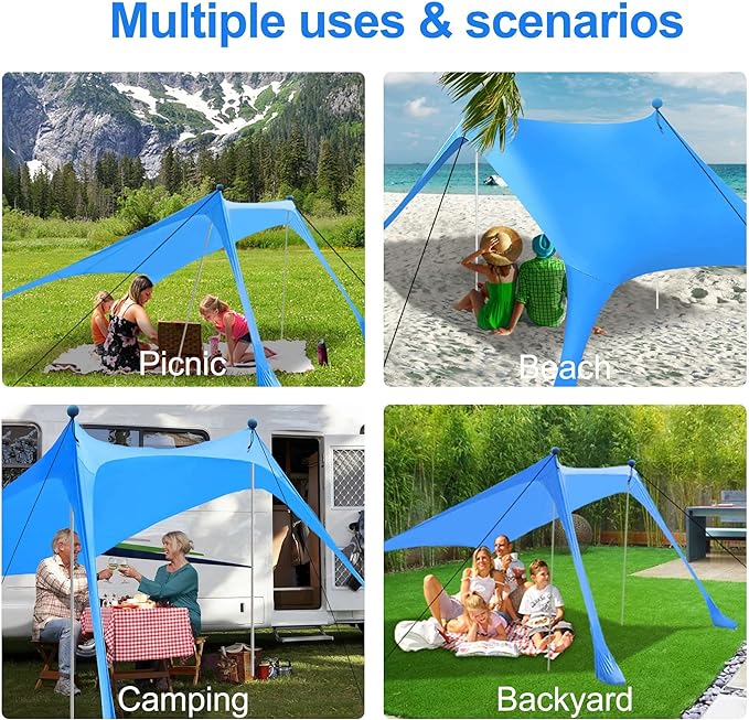 Beach Canopy Tent Sun Shade with UPF 50+ UV Protection, Beach Tent Sun Shelter with Sandbags, Poles