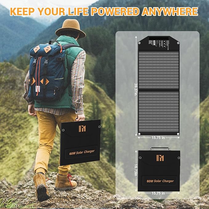 60W Portable Foldable Solar Panels Chargers with PD3.0 PD45W USB-C QC3.0 USB-A 18V DC MC4 Outputs