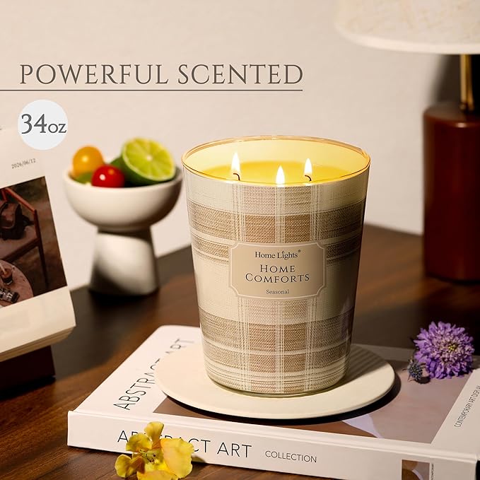 HomeLights Home Comforts Scented Candles | 34oz Soy Candles Rustic Modern 3-Wick Large Candle Jars