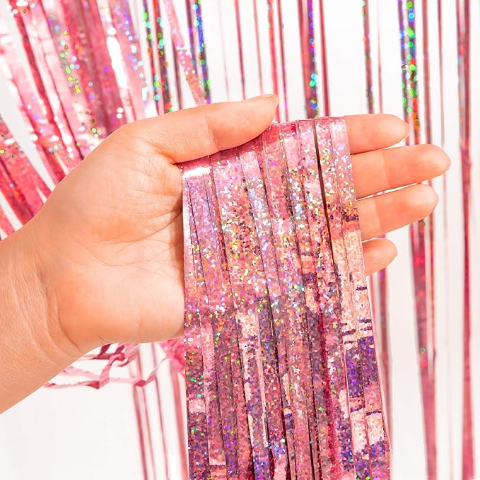 BRAVESHINE Rose-Gold Tinsel Foil Fringe Curtains - 2Pcs 3.2x8.2ft Metallic Holiday Photo Booth