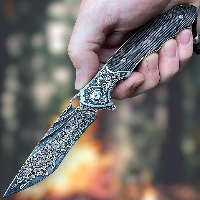 TACTICAL GEARZ Damascus Pocket Knife, Ebony Handle w/Carved Steel Head, Multi-Layered Damascus