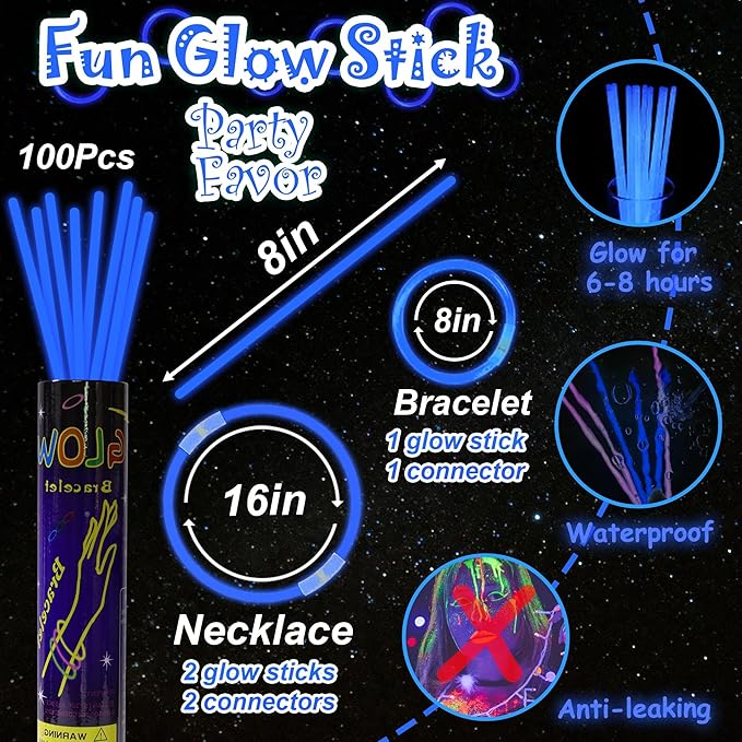 100 pk 8" Glow Sticks Bulk Party Favors, Light up Glow Necklaces & Bracelets in the Dark Party