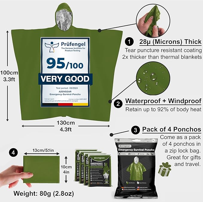 aZengear Emergency Survival Poncho (4pc) Thermal Mylar Foil Blanket for Heat Retention and Rain |