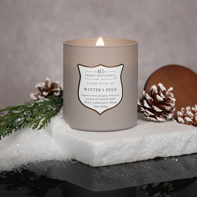 Manly Indulgence Winters Edge Scented Candles for Men, 15 oz Wooden Wick, Premium Soy Blend Wax