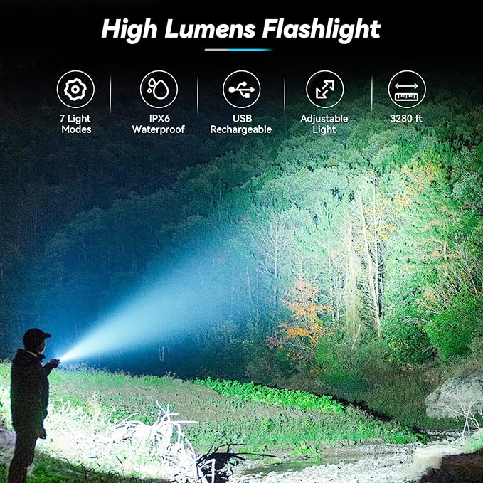 Rechargeable Flashlight, 99,000 Lumens Super Bright Flash Light, 7 Modes with COB Work Light, IPX6