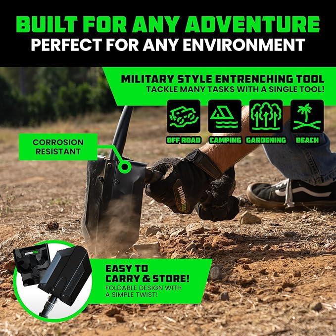 Rhino USA Survival Shovel w/Pick - Heavy Duty Carbon Steel Military Style Entrenching Tool for Off