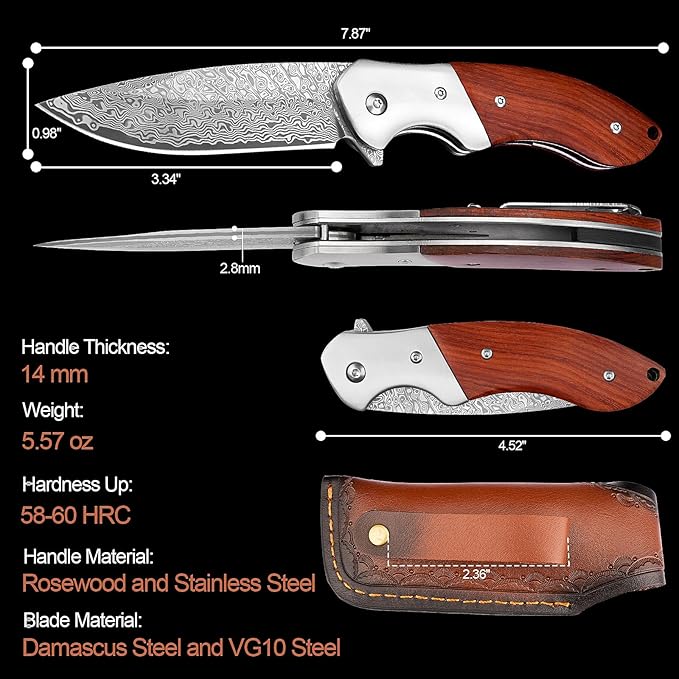 KOMWERO Damascus Pocket Knife, Sharp Damascus Steel Knife with Core VG10 Steel Blade Wood Handle