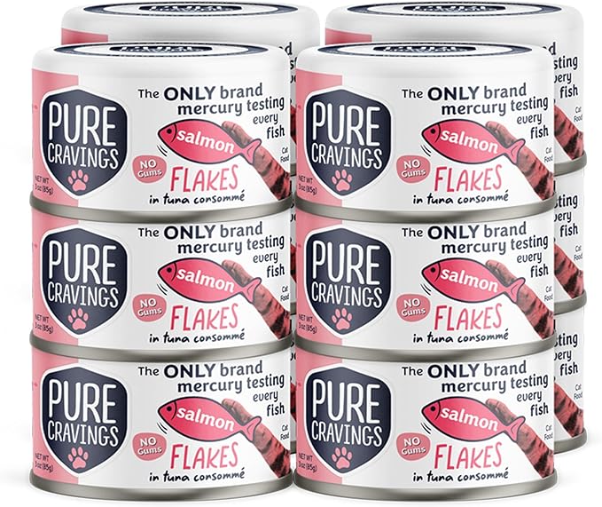 Pure Cravings Salmon Flakes in Tuna Consommé, Canned Wet Cat Food Soup, 100% Mercury-Tested, Moist