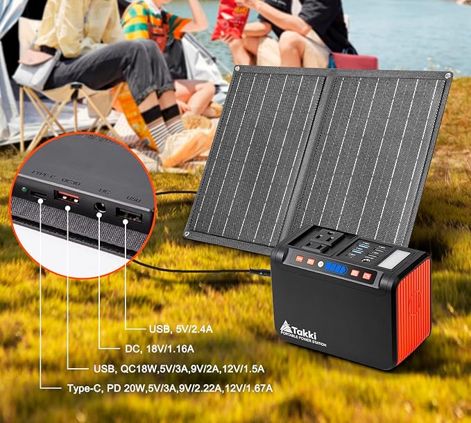 Takki 111Wh Portable Solar Generator Power Station with 21W Foldable Solar Panel, 120W Peak Solar