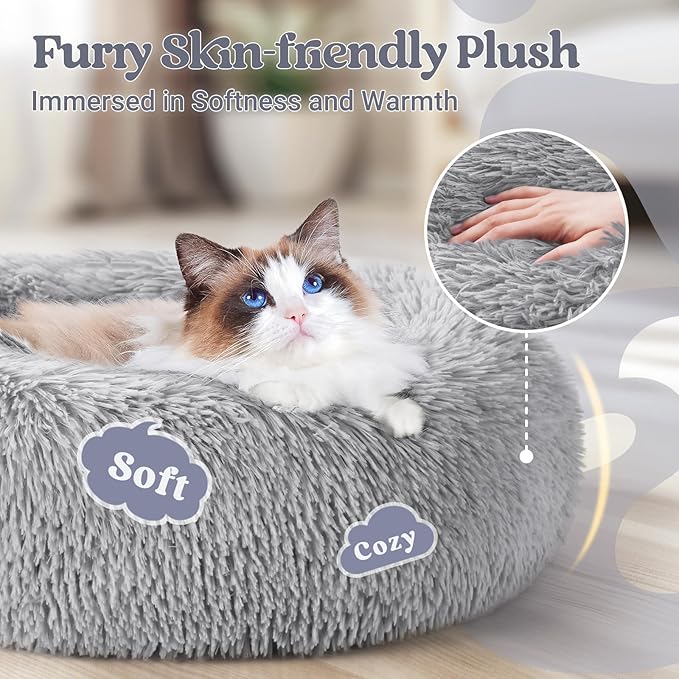 rabbitgoo Cat Beds for Indoor, 20 inches Machine Washable, Fluffy Round Pet Bed Non-Slip, Calming