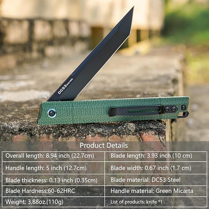 Flipper Pocket Folding Knife,DC53 Steel Blade and G10 Handle. With pocket clip and glass