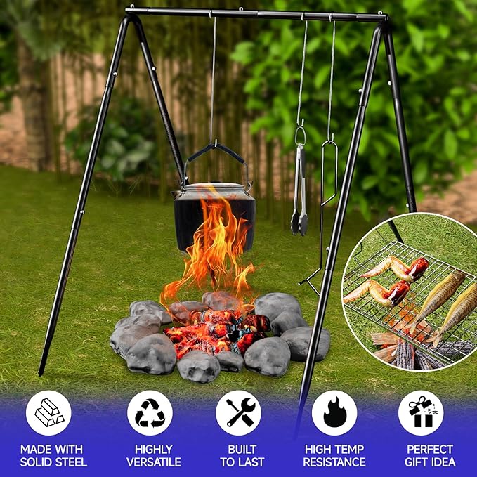 Grill Swing Campfire Cooking Stand, BBQ Grill for Cookware, Bruntmor Dutch Oven Adjustable