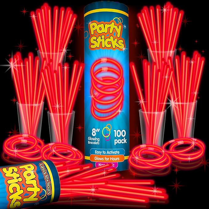PartySticks Red Glow Sticks - 100pk, 8 Inch Glow in The Dark Light Up Sticks - Party Favors