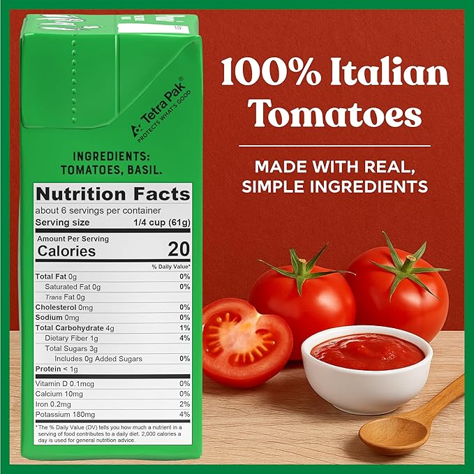 Pomì Crushed Tomatoes with Basil - Creamy, Velvety Italian Sauce, No Salt, Additives/Preservatives