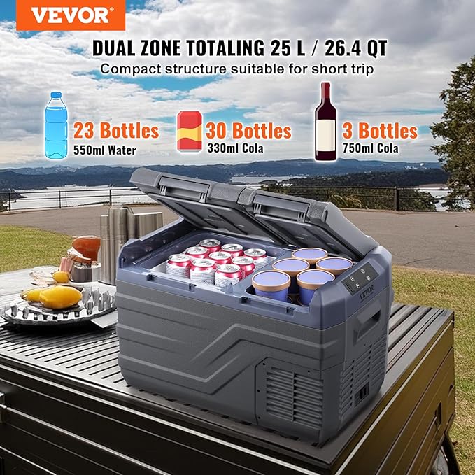VEVOR NLS35, 12 Volt Car Refrigerator Fridge, 25Liter(26.4qt) Dual Zone Portable Freezer, -4℉-68℉