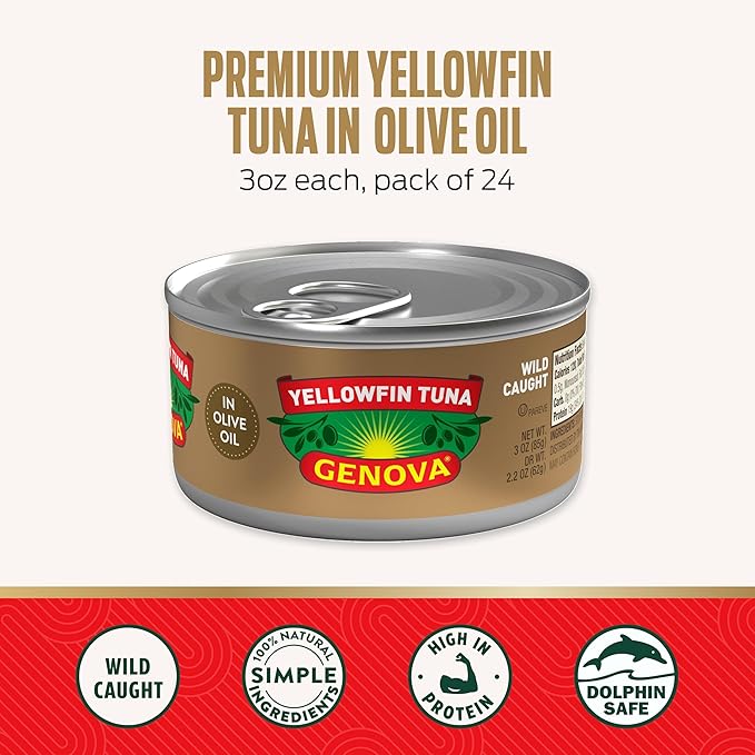 Genova Premium Yellowfin Tuna in Olive Oil, 3 Ounce Cans, 24-Pack ??Nutrient Rich, High Protein