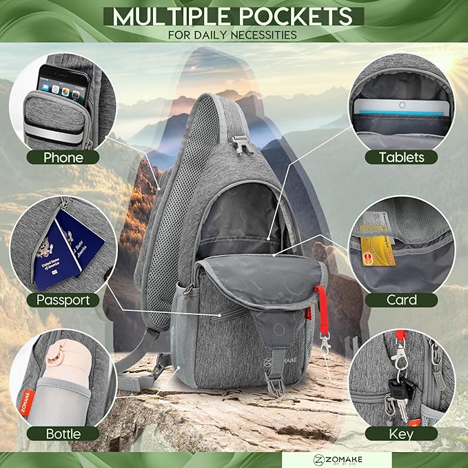 ZOMAKE Sling Bag,Small Crossbody Sling Backpack,Water Resistant Shoulder Daypack for Travel,Anti