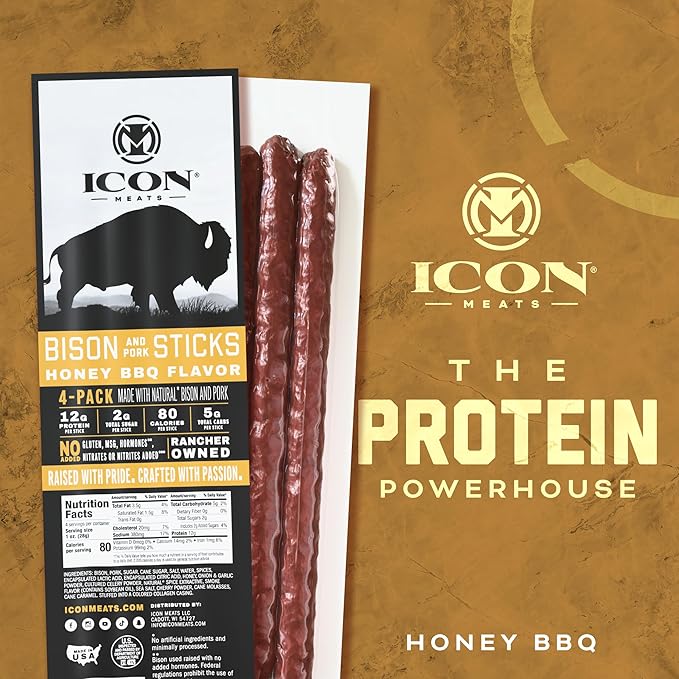 ICON Meats Bison and Pork Snack Sticks - Honey BBQ Flavor - 6 Packs Per Box, 4 Sticks Per Pack, All