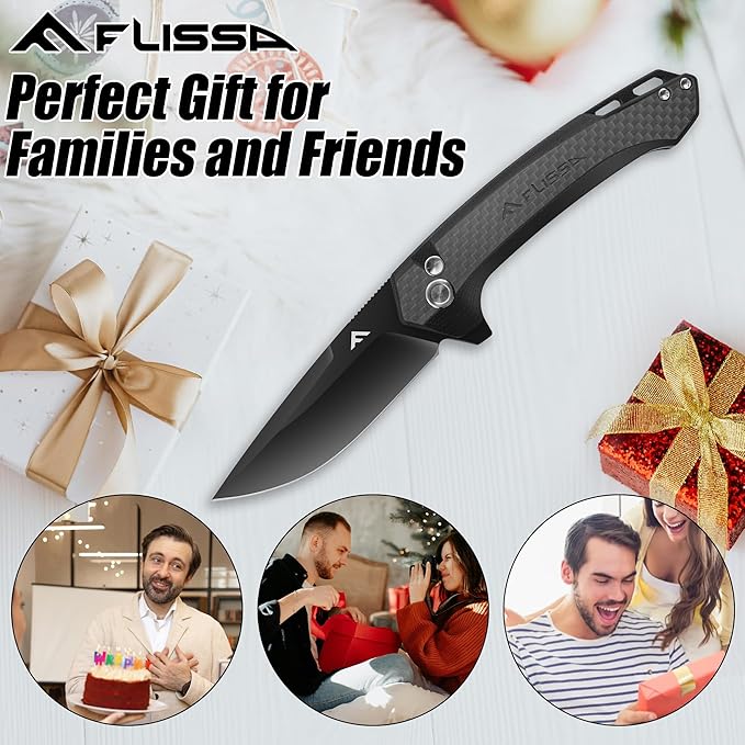 FLISSA Pocket Folding Knife, 3.2??D2 Blade Carbon Fiber Handle EDC Knife with Pocket Clip for