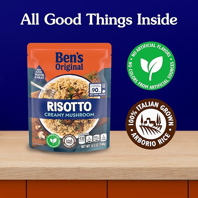 BEN'S ORIGINAL Risotto Creamy Mushroom Flavored Rice, Easy Dinner Side, 8.5 oz Pouch (Pack of 12)