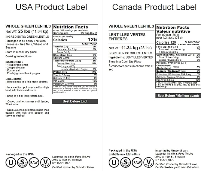 Food to Live - Whole Green Lentils, 25 Pound Dried Raw Lentils, Sproutable, Kosher, Vegan. Rich in