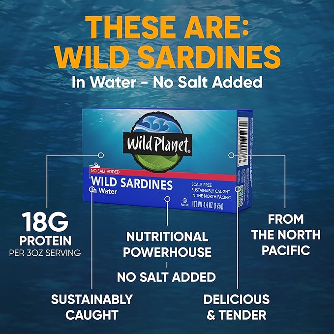 Wild Planet Wild Sardines in Water, No Salt Added, Tinned Fish, Non-GMO, Sustainable 4.4 Ounce