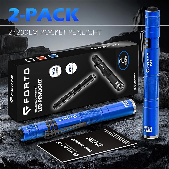 FORTO LED Pen Light, 200 Lumens Pocket Flashlight, IP67 Waterproof, 2 Modes, 2 Pack with AAA