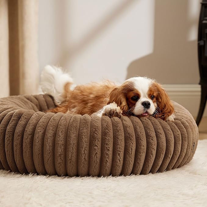 Bedsure Donut Medium Dog Bed - Washable Faux Fur with Corduroy Fleece & Anti Slip Bottom, Round Pet
