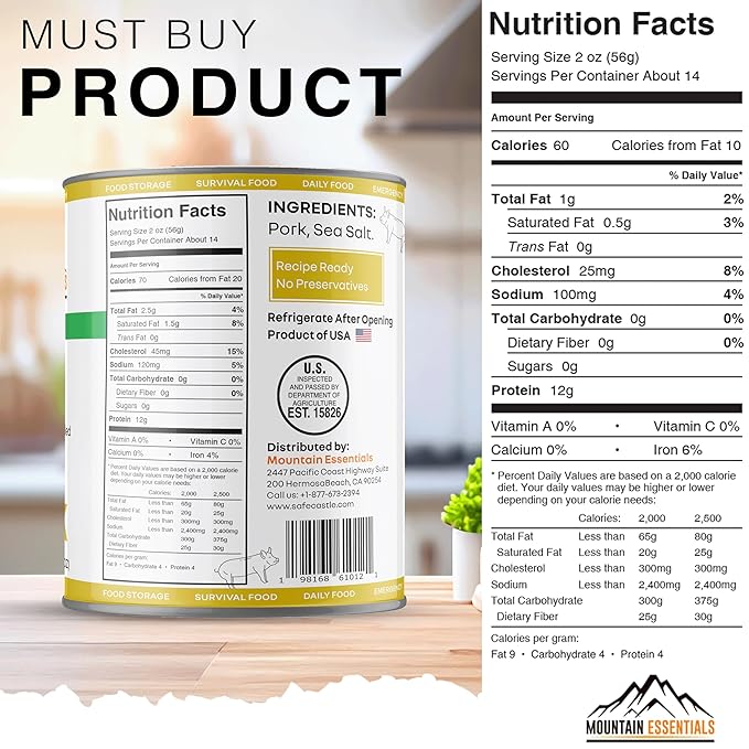 MOUNTAIN ESSENTIALS Canned Pork 28 Oz – Fully Cooked, Ready to Eat – Pantry Staple Canned Meat for