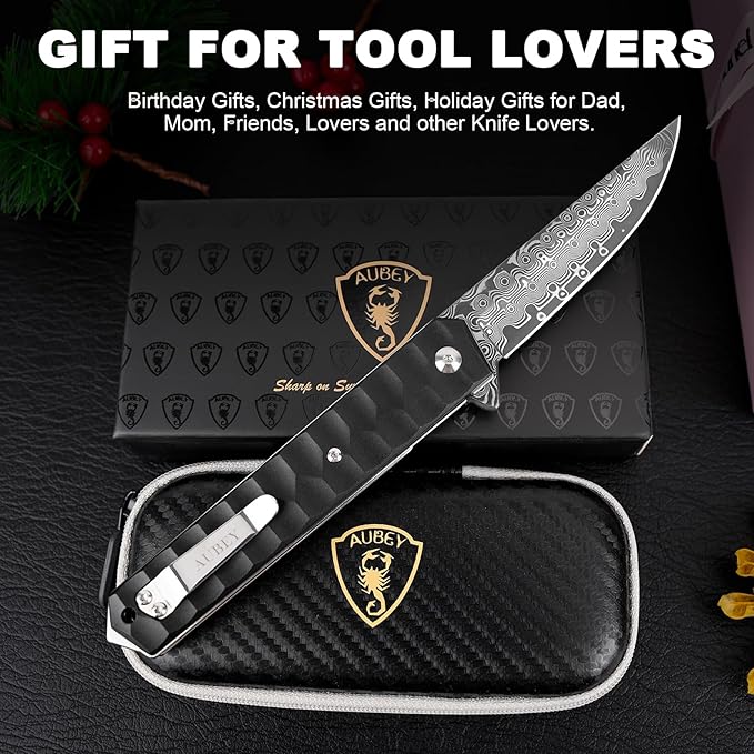 AUBEY Damascus Pocket Knife with Clip, Tanto Blade Damascus Steel Folding Knives for Men Tactical