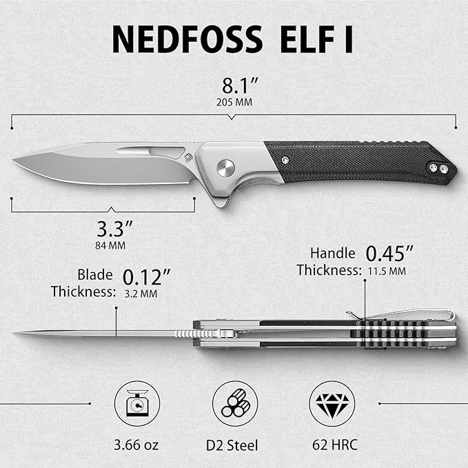 NedFoss ELF Pocket Knife, 3.3" D2 Blade EDC Knife with G10 Handle, Flipper Open, Deep Carry Pocket