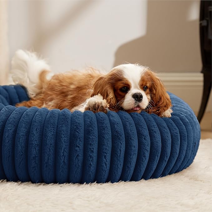 Bedsure Donut Medium Dog Bed - Washable Faux Fur with Corduroy Fleece & Anti Slip Bottom, Round Pet