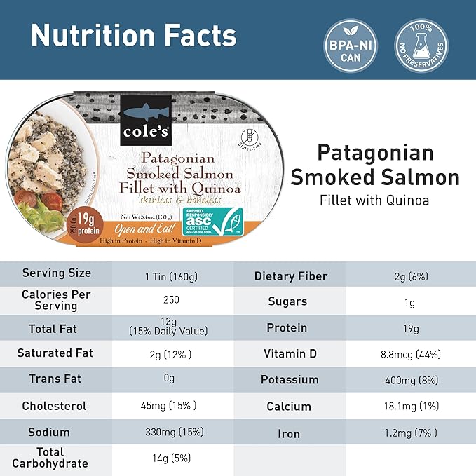 COLE’S - Patagonian Smoked Salmon Fillet with Quinoa| Ready to Eat Meal | 5.6 oz Hand-Packed Canned