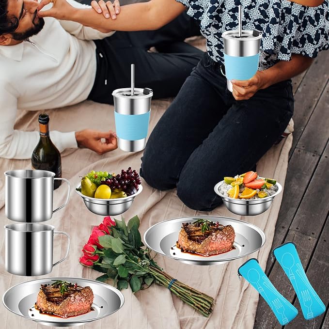 Camping Mess Kit Camping Dishes Set Stainless Steel Tableware Mess Kit Includes Plate Bowl Cup