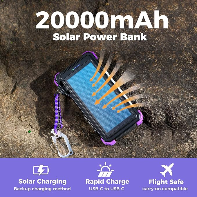 BLAVOR Solar Power Bank 20000mAh/74000mWh Built-in Cables, Wireless Charger for Apple Watch, 20W