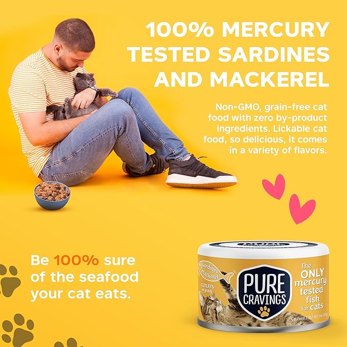 Pure Cravings Wet Cat Food Canned Mackerel and Sardine Cutlets in Gravy, Every Catch is Mercury