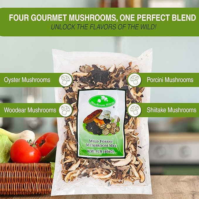 Mushroom House Dried Wild Forest Blend, 16 oz - Gourmet Mix of Porcini, Shiitake, Oyster & Woodear