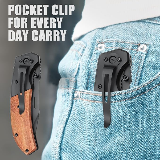 Vickay Pocket Knife, Folding Knife with Clip - 3.54??Steel Blade, Wood Handle EDC Knife for Men &