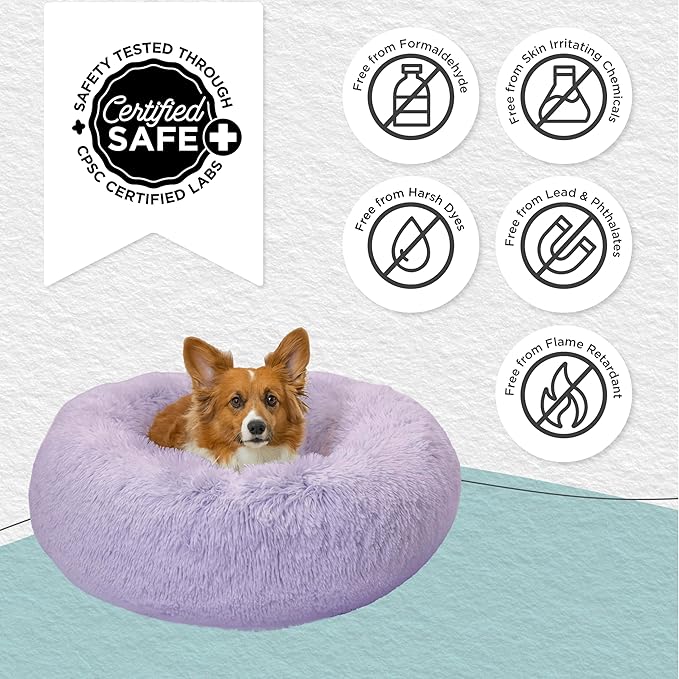 Best Friends by Sheri Original Calming Donut Dog and Cat Bed, Shag Faux Fur, Lavender, (30in x