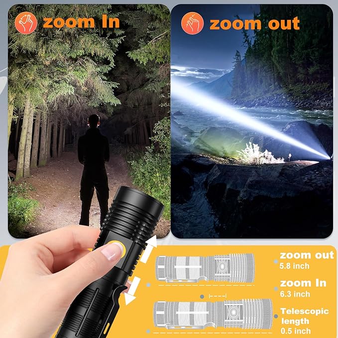 Rechargeable Tactical Flashlights High Lumens - 1500 Meters Long Beam Super Bright LED Magnetic