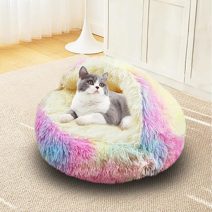 ShinHye Cat Bed Round Plush Fluffy Hooded Cat Bed Cave, Cozy for Indoor Cats or Small Dog beds