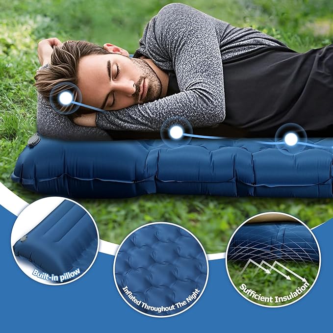 Sleeping Pad for Camping, Ultralight 4.7" Extra-Thick Inflatable Camping mat with Pillow Built-in