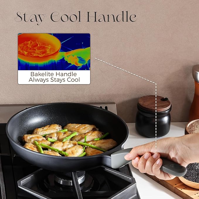 PRICUSIS Nonstick Ceramic Frying Pan with Lid, 8/10 Inch Skillet with Stay Cool Handle, Fully