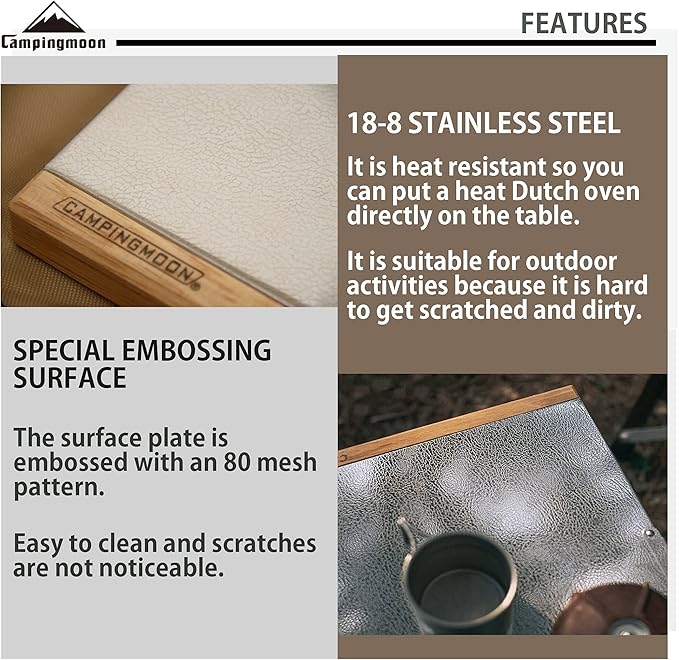 CAMPINGMOON Camping Side Table Heat-Resisting Stainless Steel Embossing Process for Outdoor Table