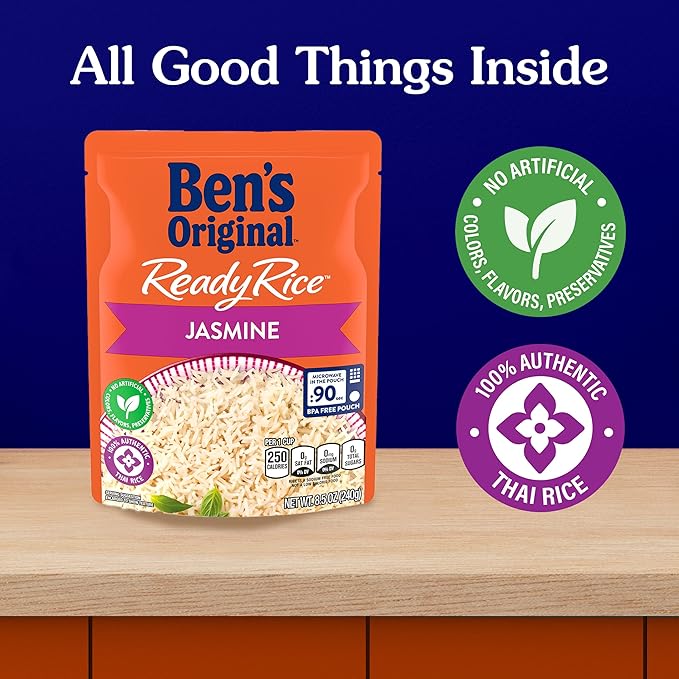 BEN'S ORIGINAL Ready Rice Jasmine Rice, Easy Dinner Side, 8.5 oz Pouch (Pack of 12)