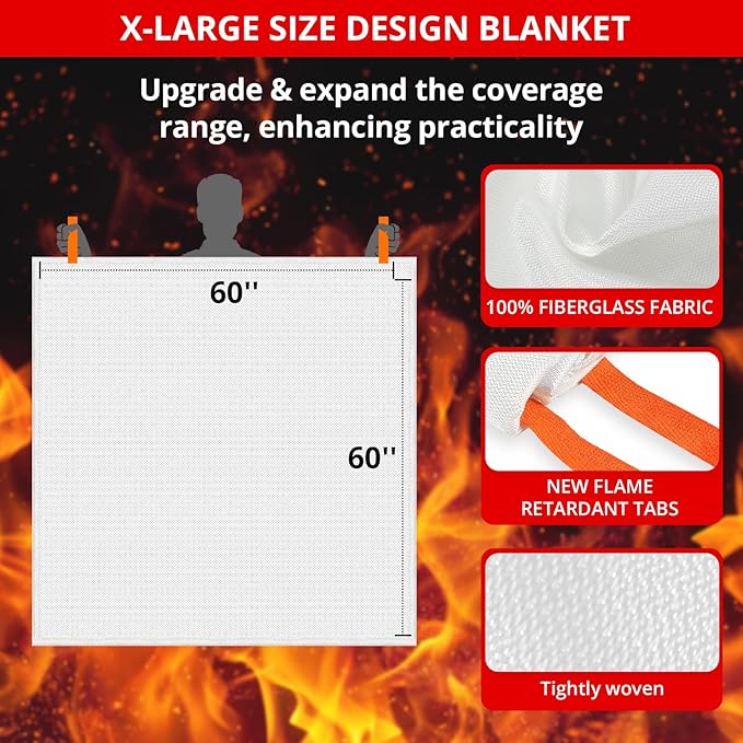 SecuCaptain Emergency Fire Blanket for Home - 60"x60" X-Large 4 Pack Flame Retardant Blankets with