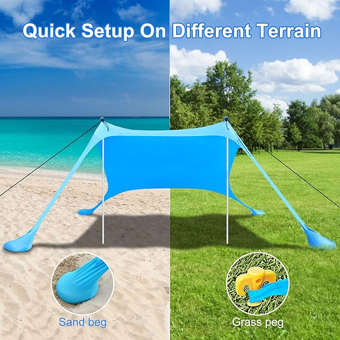 Beach Canopy Tent Sun Shade with UPF 50+ UV Protection, Beach Tent Sun Shelter with Sandbags, Poles
