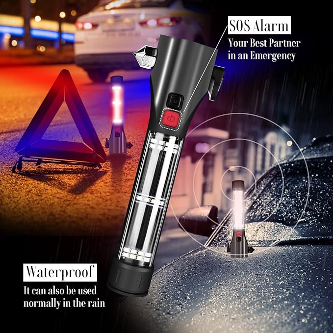 Solar Powered Car Safety Hammer Flashlight with Seatbelt Cutter, LED High Lumens, Red and Blue SOS